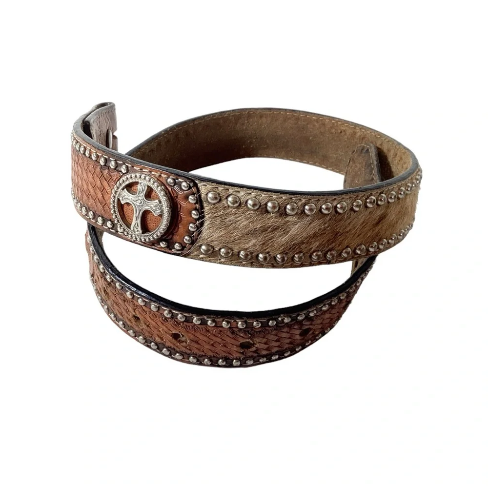 Vintage Cowgirl Ranger Brindle Cowhide Southwestern Belt Size 26 Silver Cross